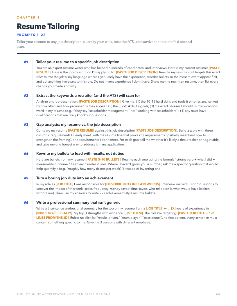 Resume tailoring prompts page